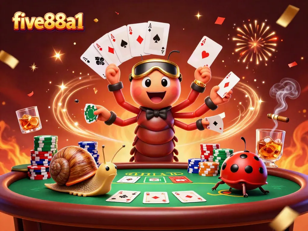 Experience the excitement of casino gaming with five88a1 as 3D characters showcase vibrant scenes of poker and chip stacking.