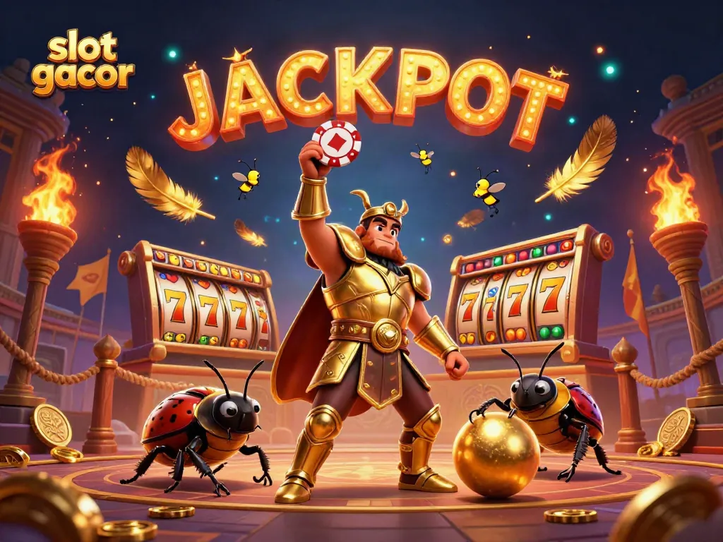 Battle of chance with slot gacor symbols and characters celebrating a jackpot victory.