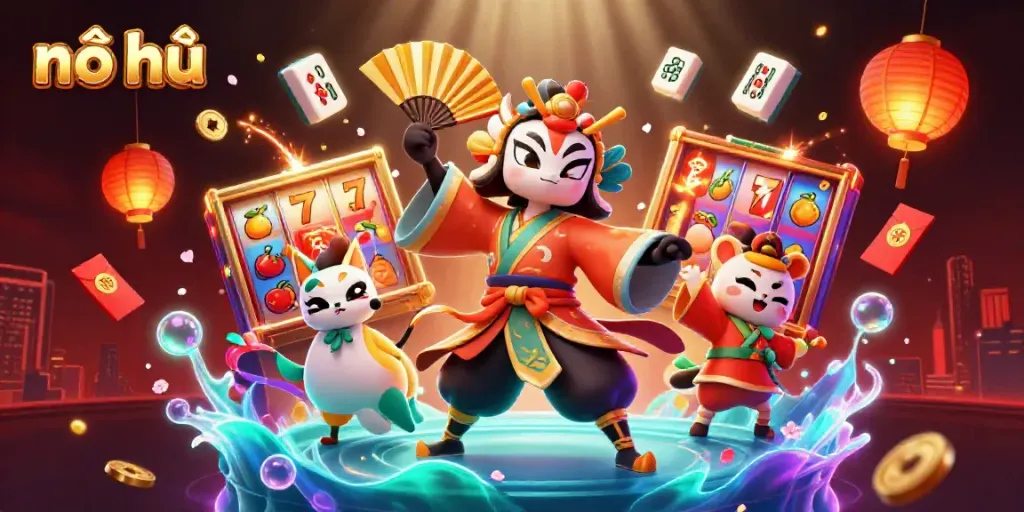 Nổ hũ themed dynamic illustration featuring a kabuki warrior and kitsune mask in a rich casino environment.