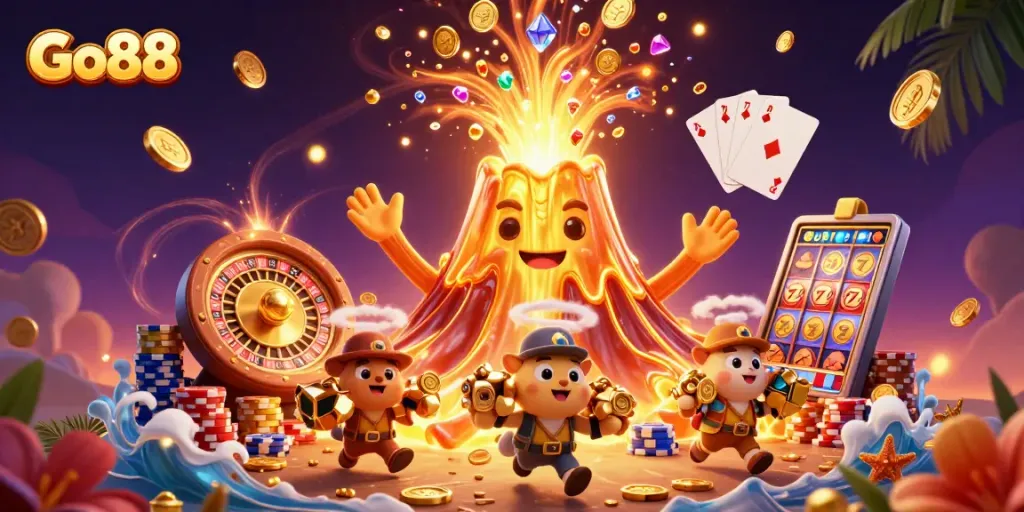 Spin the wheels at Go88, where a volcano erupts treasures and excitement!