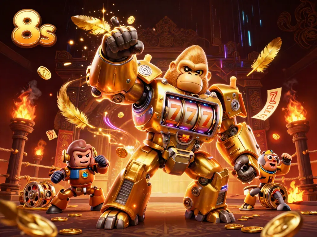 Experience thrilling gameplay with 8s as a golden mech surrounded by casino elements and slot machines.