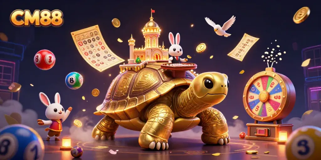 Experience CM88 excitement with a vibrant casino scene featuring a golden tortoise and a rabbit dealer.