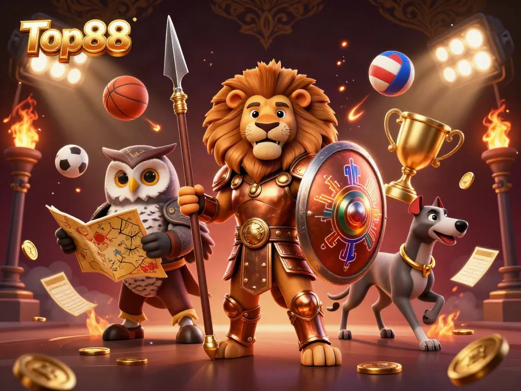 Top88 themed illustration with a Spartan lion, tactical owl, and greyhound amidst swirling sports elements.