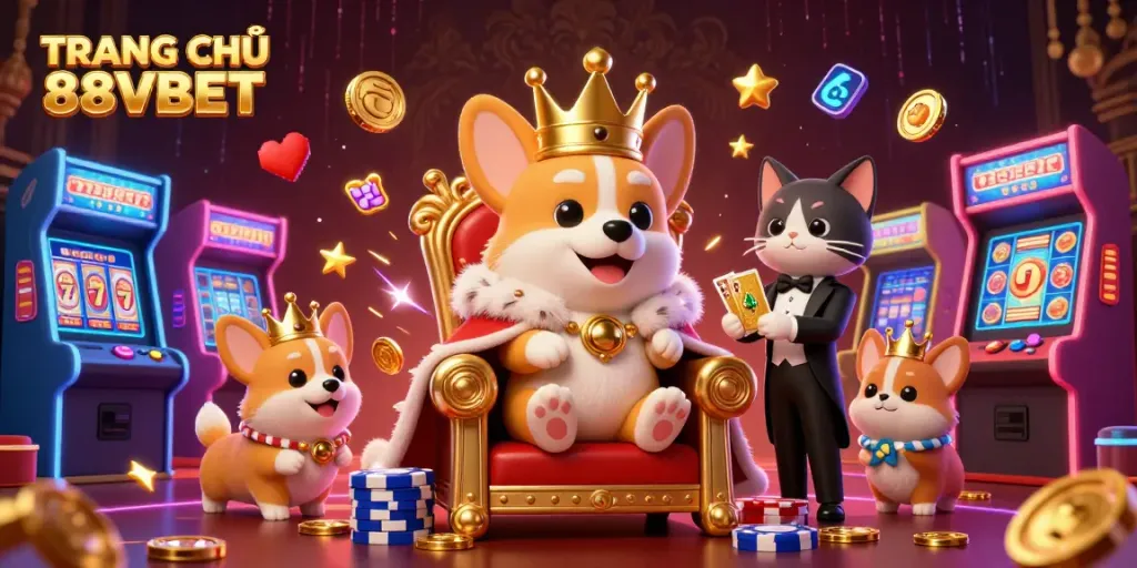 Engage with TRANG CHỦ 88VBET through an immersive, vibrant casino scene featuring adorable characters and dynamic gaming elements.
