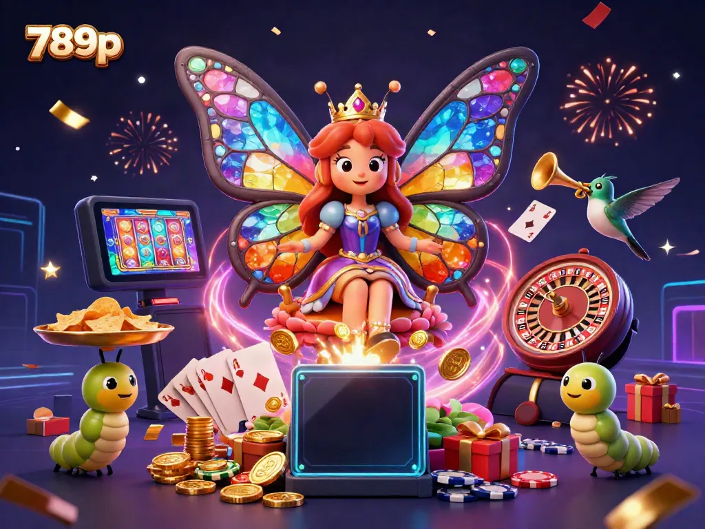 Experience the vibrant energy of 789p with a colorful 3D casino illustration featuring a butterfly queen and dynamic gaming elements.
