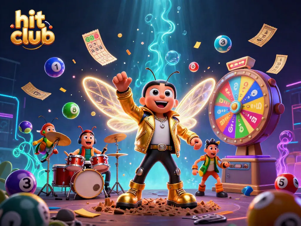Participate in thrilling games at hit club with a vibrant scene of exciting lottery elements and energetic characters.