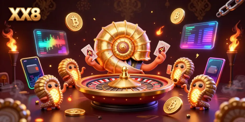 Engage with XX8’s dynamic gaming environment featuring a giant nautilus roulette and glowing crypto elements.