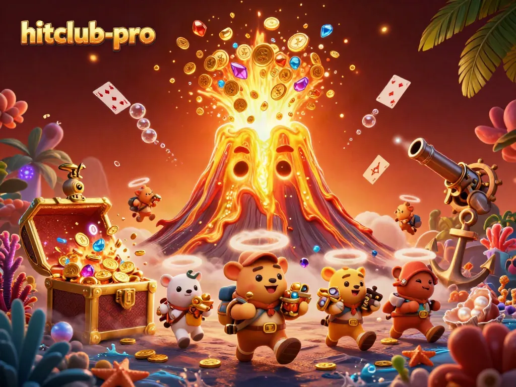 Experience hitclub-pro's exhilarating treasures with a triumphant volcano and playful explorers.