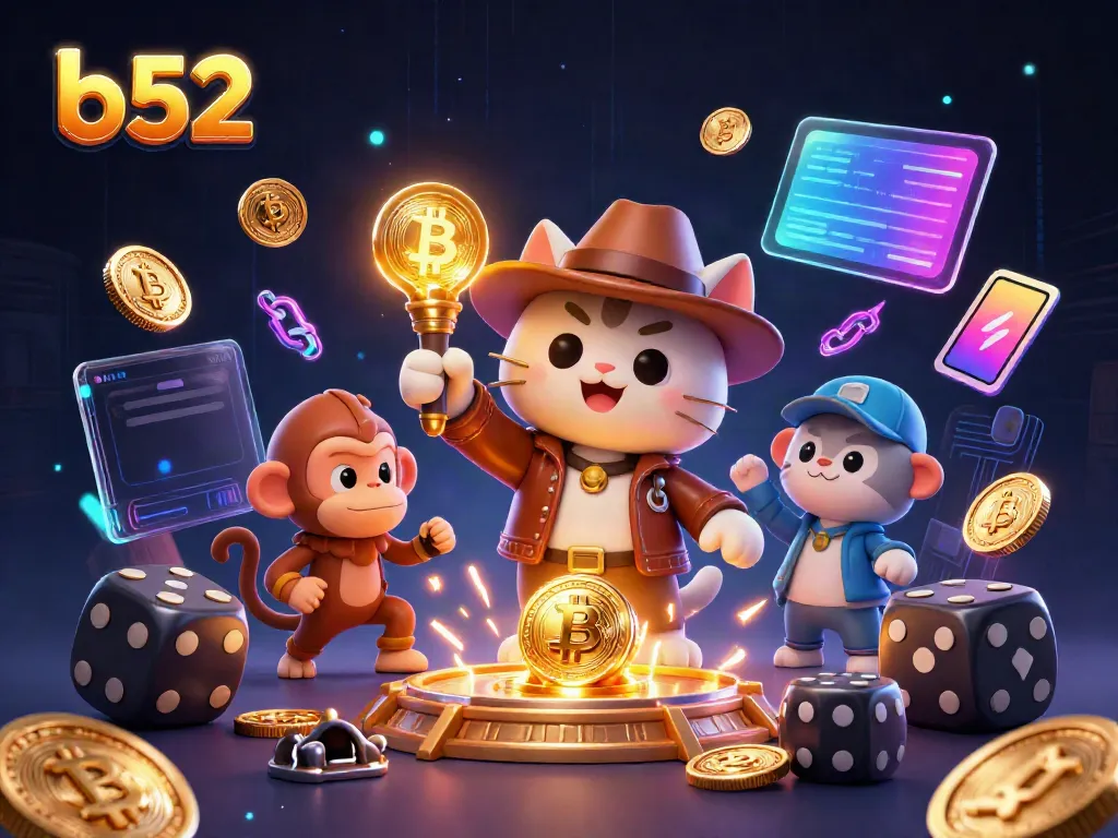 Engaging scene of b52, where an archaeologist cat discovers a golden casino artifact amidst glowing crypto coins.