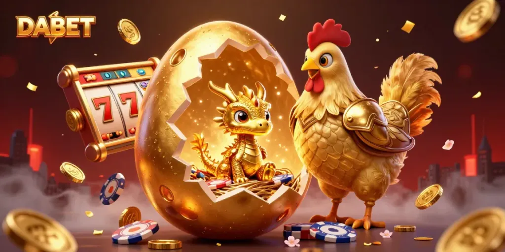 DABET spins the reels with a golden dragon and poker chips in this vibrant casino illustration.