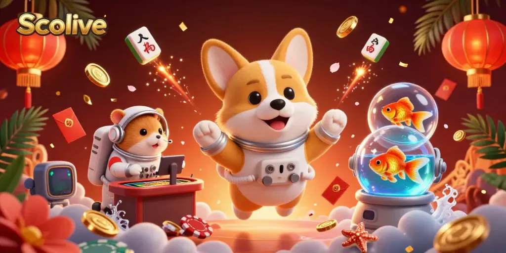Socolive captures an astronaut corgi in a vibrant online casino, floating poker chips, and golden coins enhancing the atmosphere.