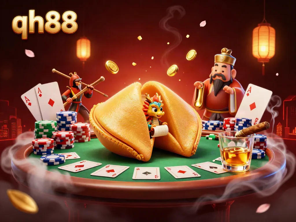 Experience thrilling poker action with qh88, where a wise dragon discovers golden fortunes amidst a vibrant casino scene.