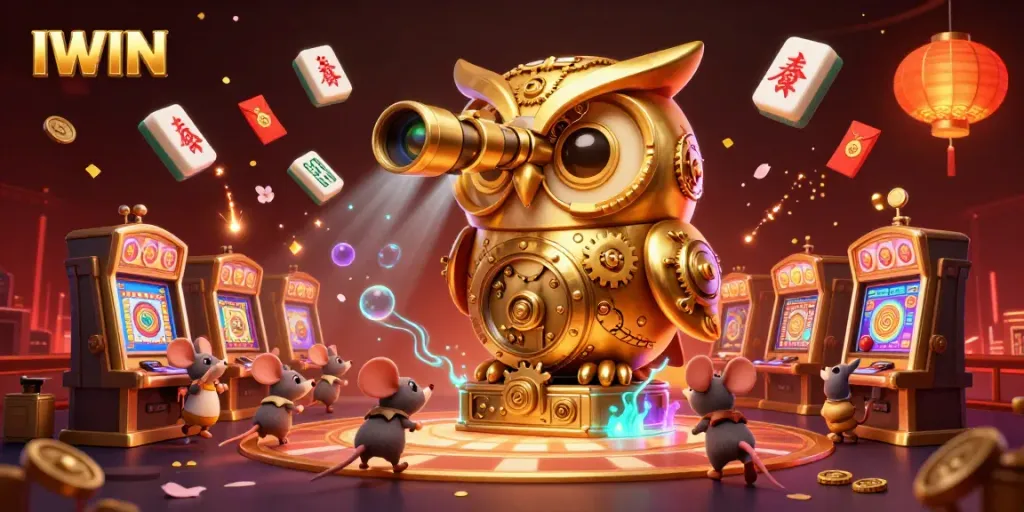 IWIN showcases a vibrant casino scene with a golden owl and busy mouse patrons among dynamic game elements.