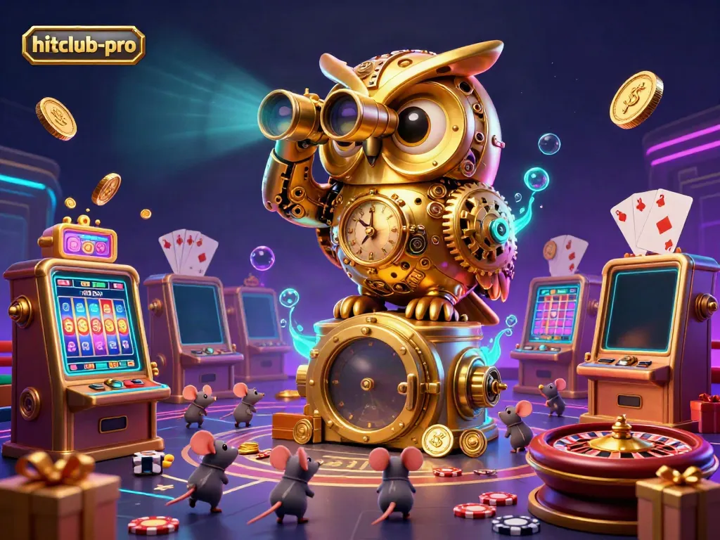Engage with hitclub-pro's vibrant casino scene featuring a golden owl, dynamic games, and colorful slot action.
