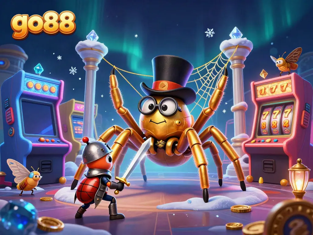 Engage with go88's vibrant casino scene featuring a golden tarantula controlling gaming elements.