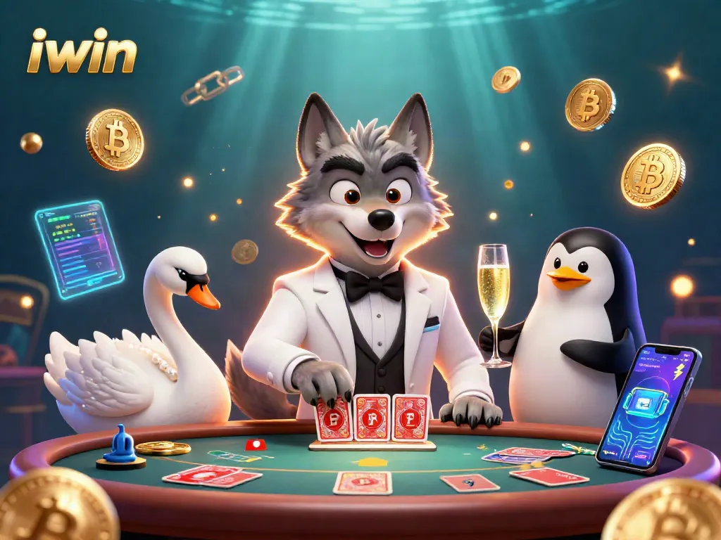 iwin casino illustration featuring a debonair wolf and elegant swan with neon crypto coins.