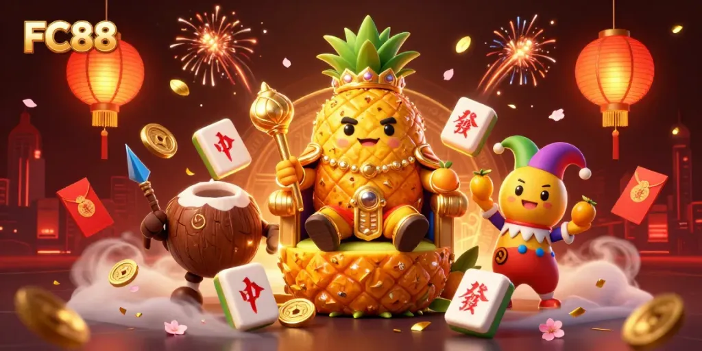 Engage with FC88 in an exciting beach casino scene featuring unique characters and dynamic game elements.