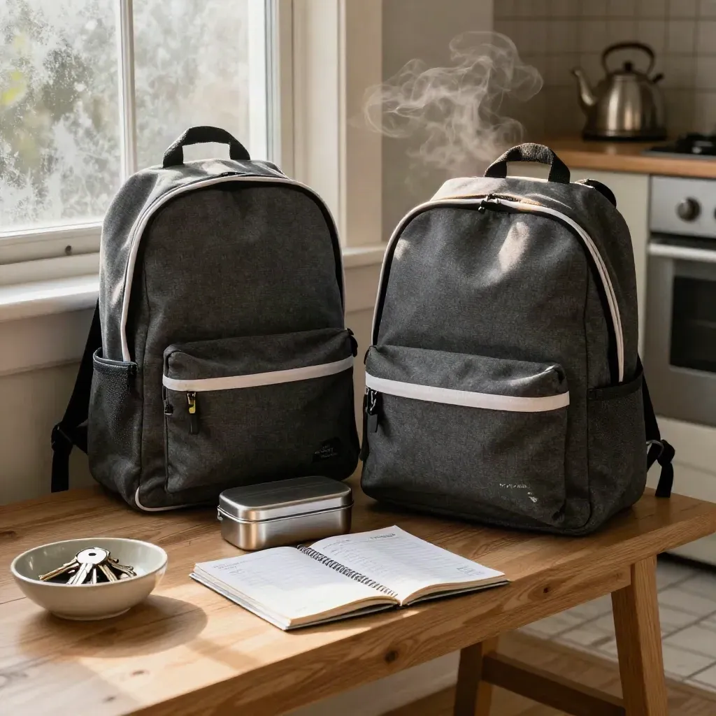 Poranna strefa wejścia z plecakami, lunchboxem, planem rodzinnym i miską kluczy na ławce.