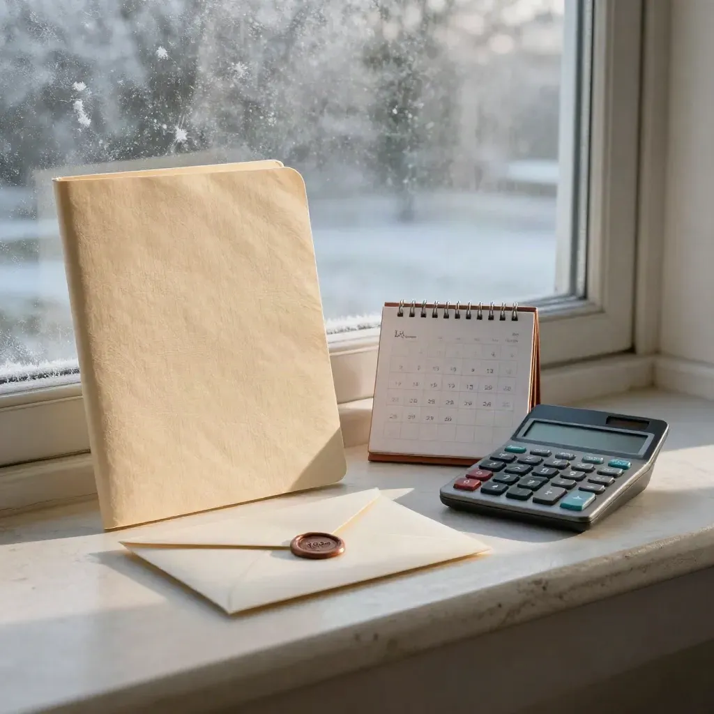 Stypendialny folder, kalendarz i kalkulator na kamiennym parapecie w porannym świetle.