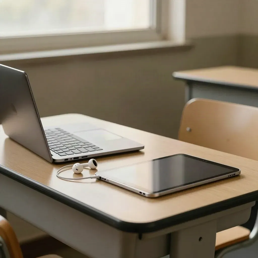 Laptop, tablet i słuchawki na szkolnej ławce, ekran odwrócony, puste krzesło w tle.