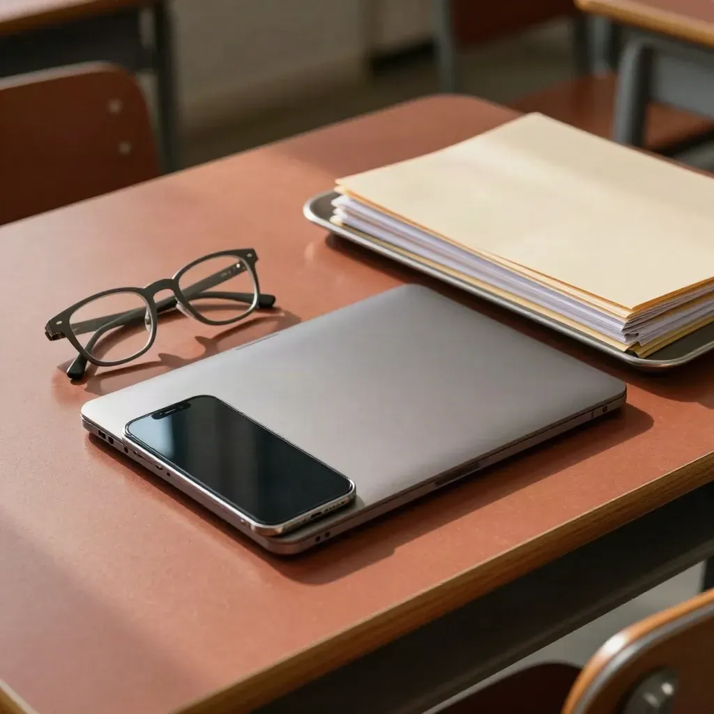 Zamknięty laptop, telefon ekranem do dołu i okulary na biurku nauczyciela
