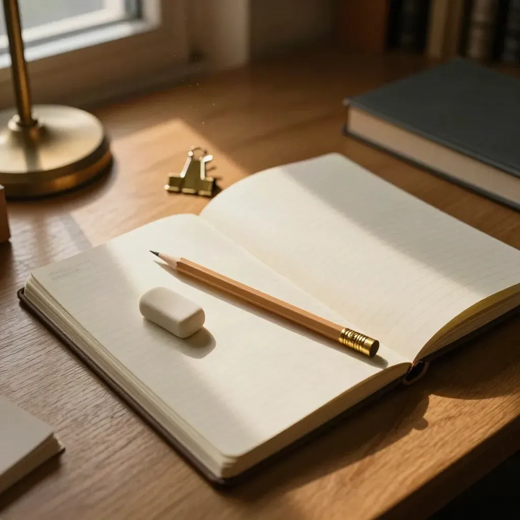 Notes, ołówek, gumka i mosiężny klips na bibliotecznym stole w ciepłym świetle.