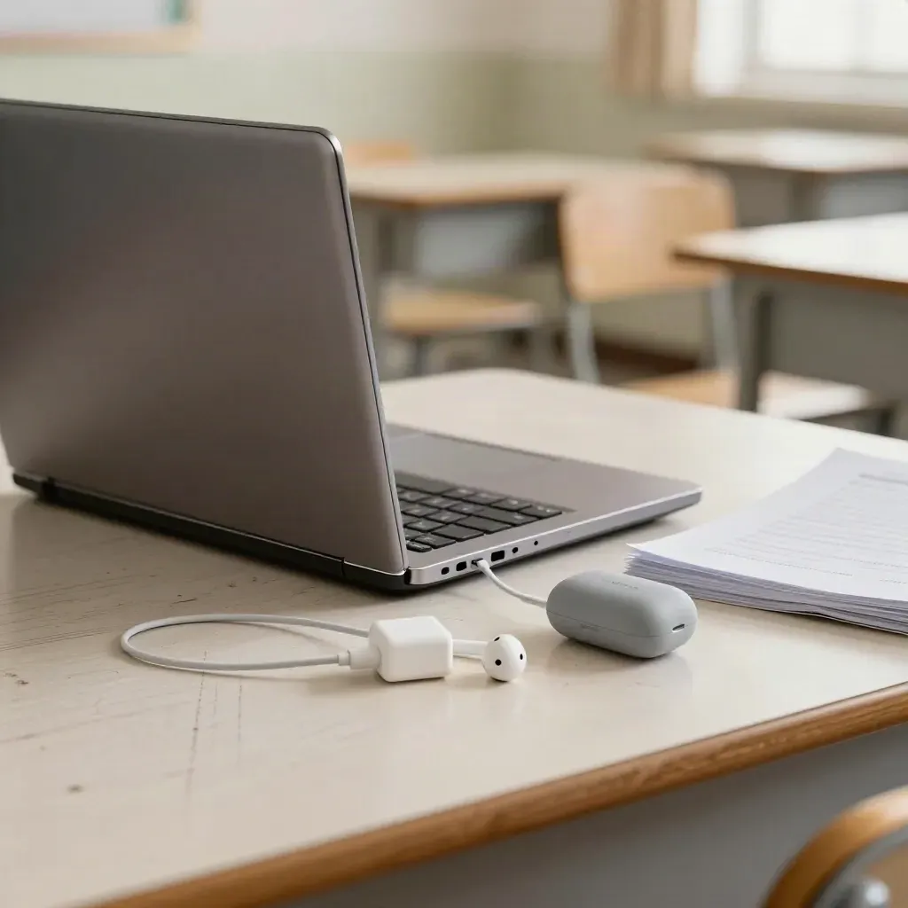 Laptop, ładowarka, słuchawki i złożone karty pracy na szkolnym biurku przed lekcją
