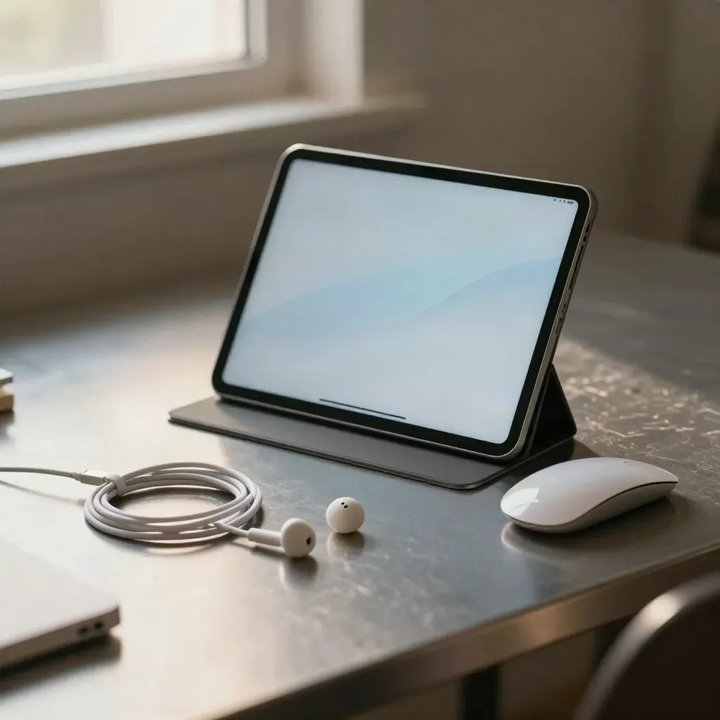 Tablet, mysz bezprzewodowa, słuchawki i kabel na metalowym biurku, subtelny chłodny blask.