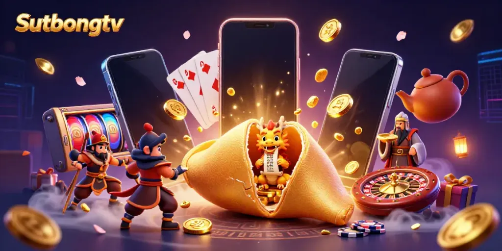 Sutbongtv showcases a vibrant casino scene with a golden fortune cookie, wise dragon, and engaging gaming elements, reflecting an exciting gambling experience.