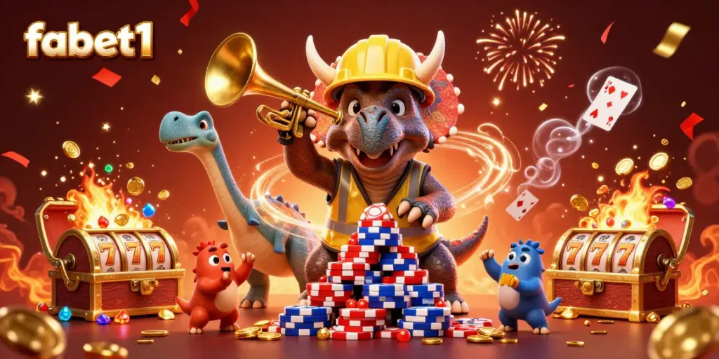 Join the fun at fabet1 with a lively 3D celebration featuring dinosaur characters building poker chips and surrounded by casino elements.
