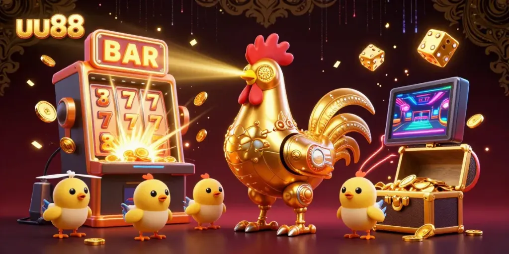 Experience thrilling gameplay with uu88's vibrant casino themes featuring a golden rooster robot and vivid game elements.