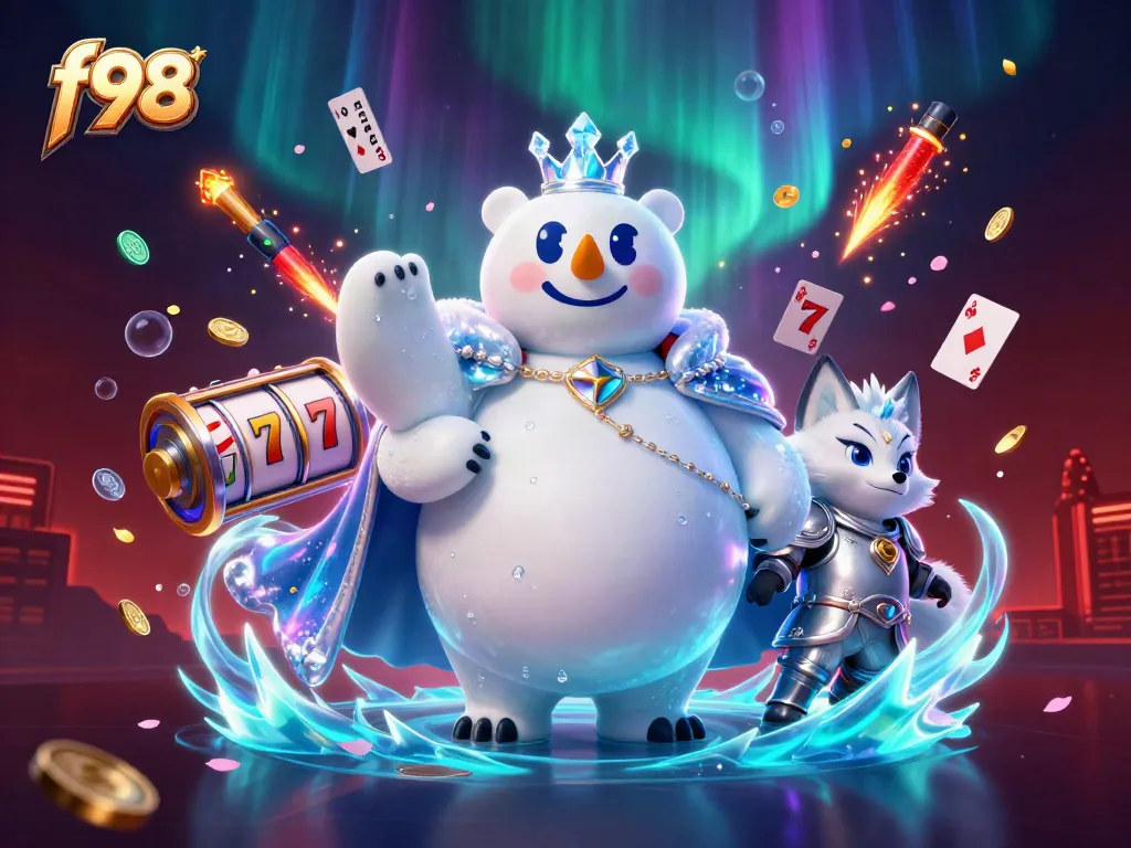 Engage in gaming excitement at f98 with rich visuals of a captivating polar bear and fox illustration