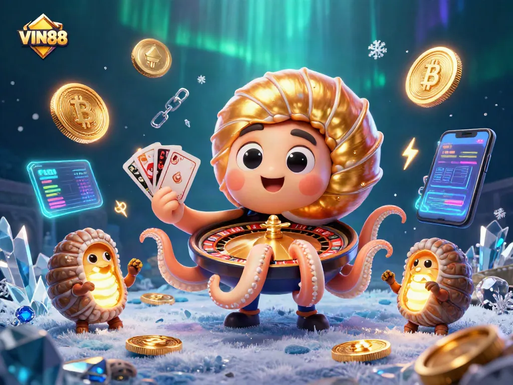 Experience thrilling gameplay at VIN88 with a dynamic casino scene featuring a giant nautilus roulette wheel.