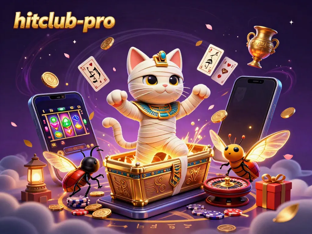 Experience thrill with hitclub-pro, featuring a mummy cat, glowing scarab, and dynamic casino elements.