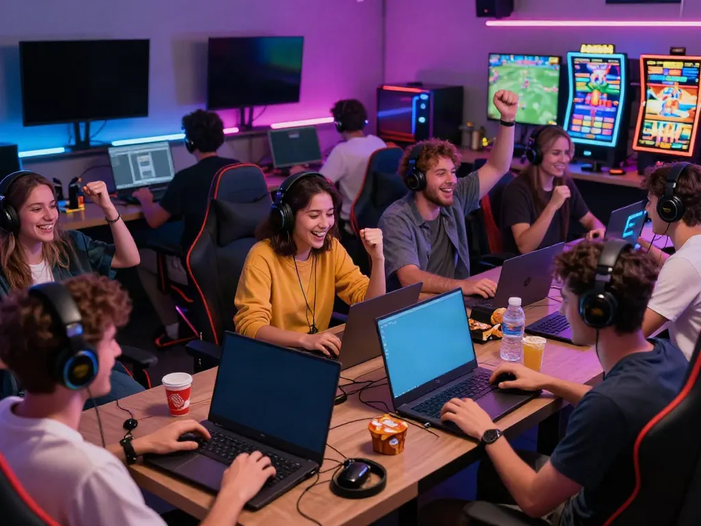 Group of players enjoying online gaming at DA88, showcasing diverse interactions and vibrant atmosphere.