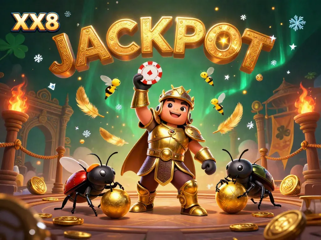 Join the excitement of XX8 casino games with a victorious beetle character amidst a jackpot celebration.