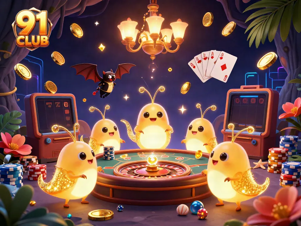 Experience the excitement of the 91 CLUB casino scene with vibrant glowworms and dynamic games.