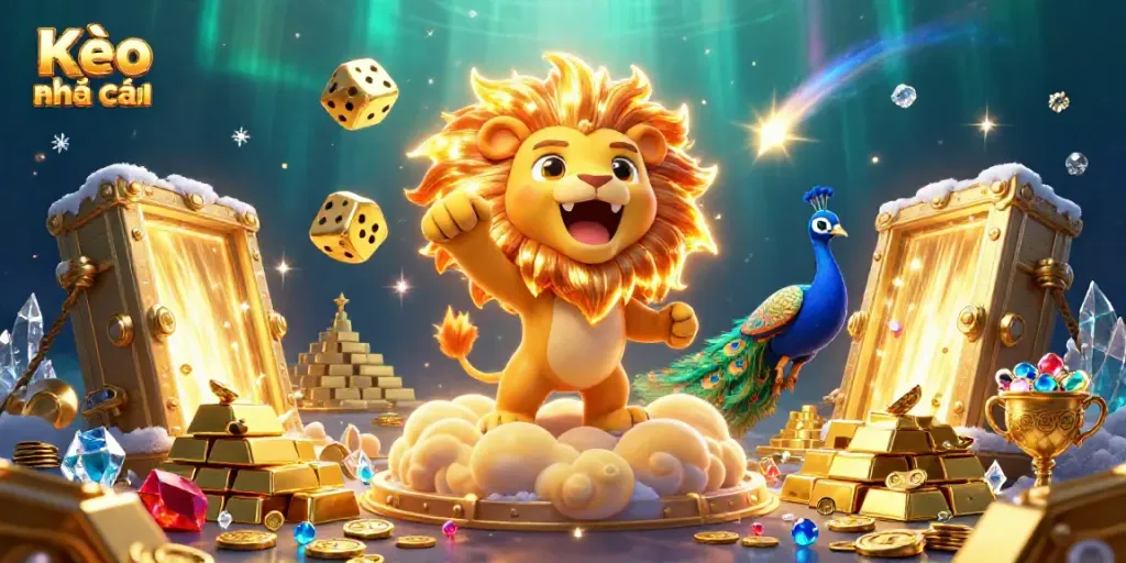 Experience dynamic betting excitement in Kèo nhà cái with vibrant 3D characters and golden treasures flowing in this captivating scene.