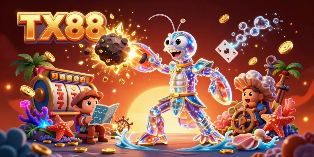 Experience the thrill of TX88 slots as the mantis shrimp battles for golden wins in a vibrant casino ocean.
