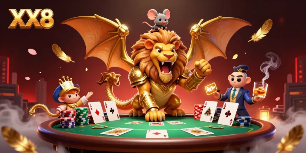 Engage in intense poker battles with XX8's golden chimera and mouse jockey in a rich casino scene.