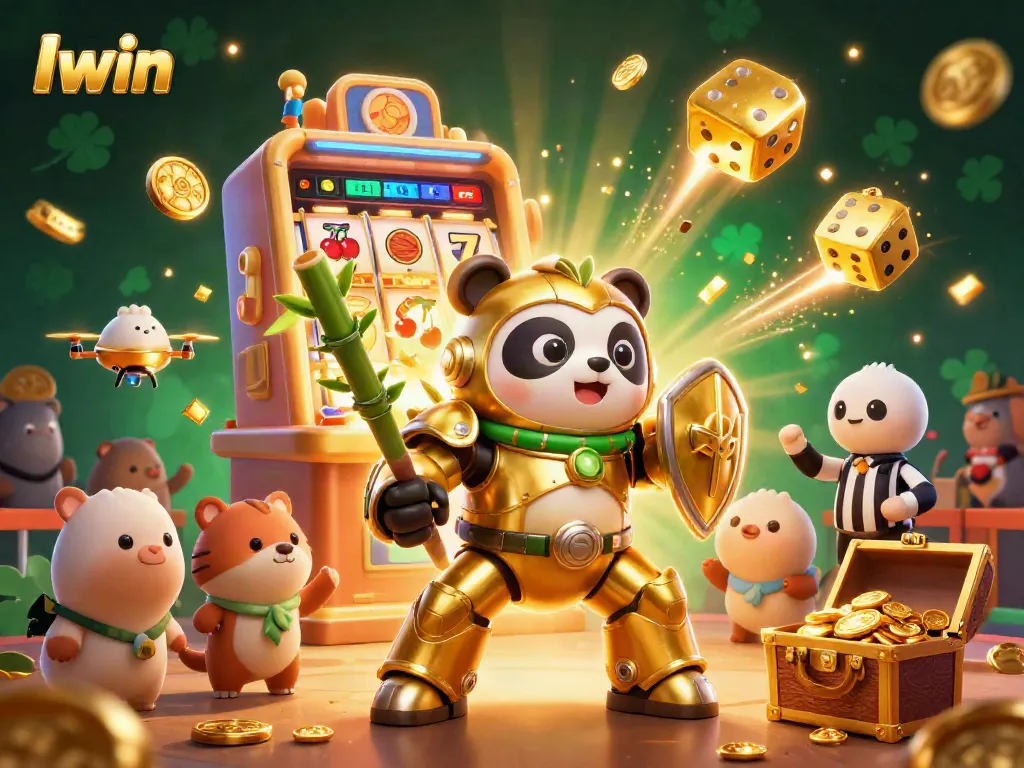 Iwin jackpot celebration with a golden panda in a mech suit amidst vibrant casino elements.