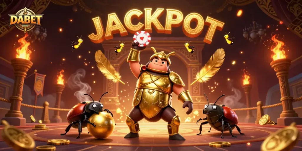 DABET beetle lifting poker chip in victory pose amidst gambling-themed elements.