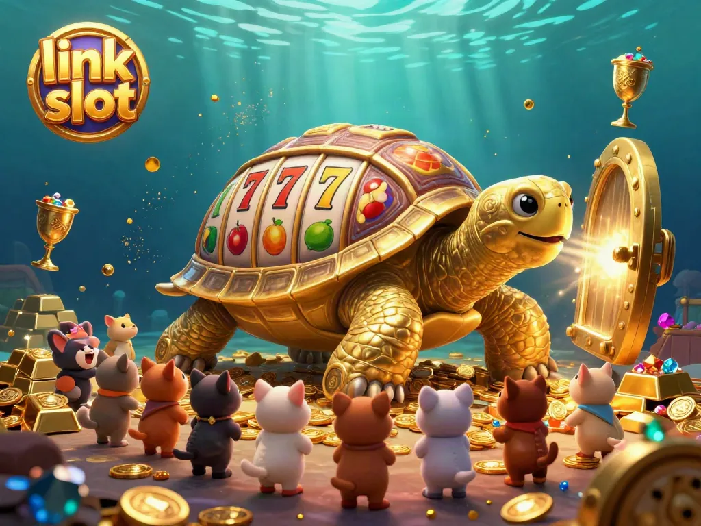 Spin the vibrant link slot machine with golden tortoise and excited animal players.