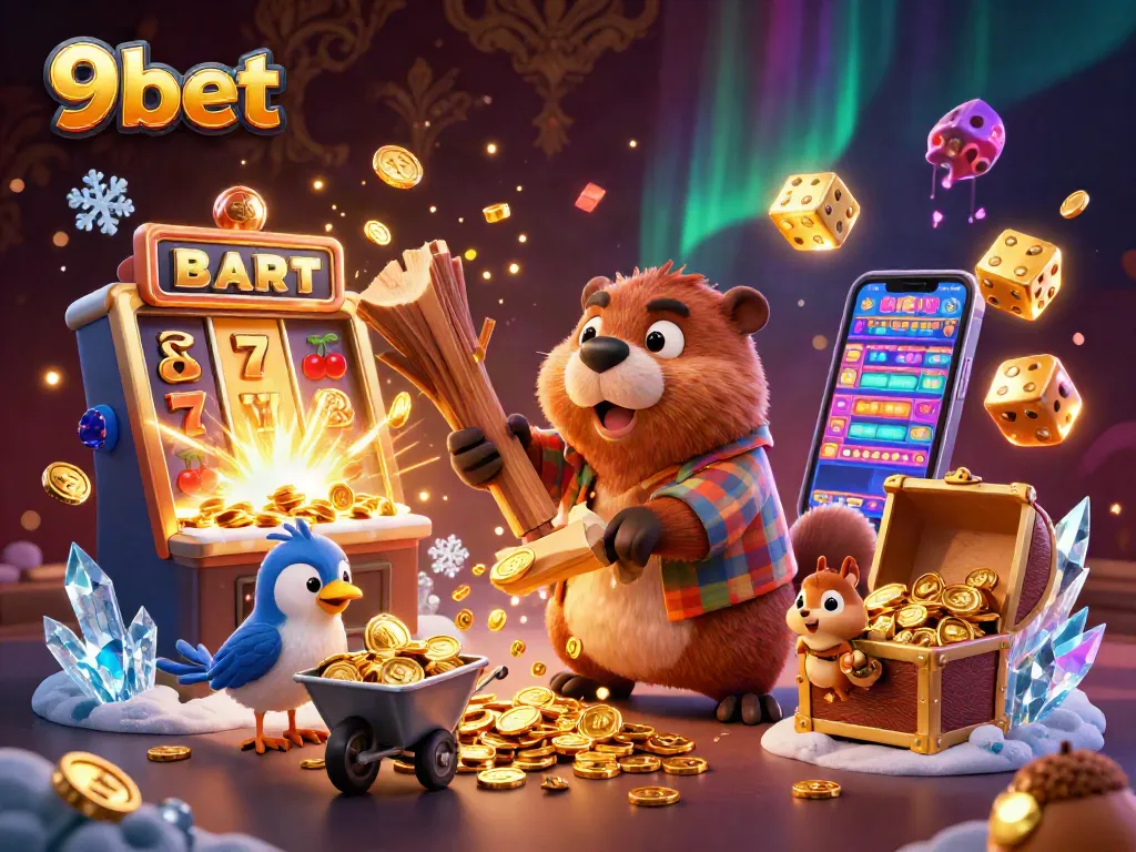 Experience thrilling wins with 9bet's dynamic gambling scene featuring cartoon characters and slot machines.