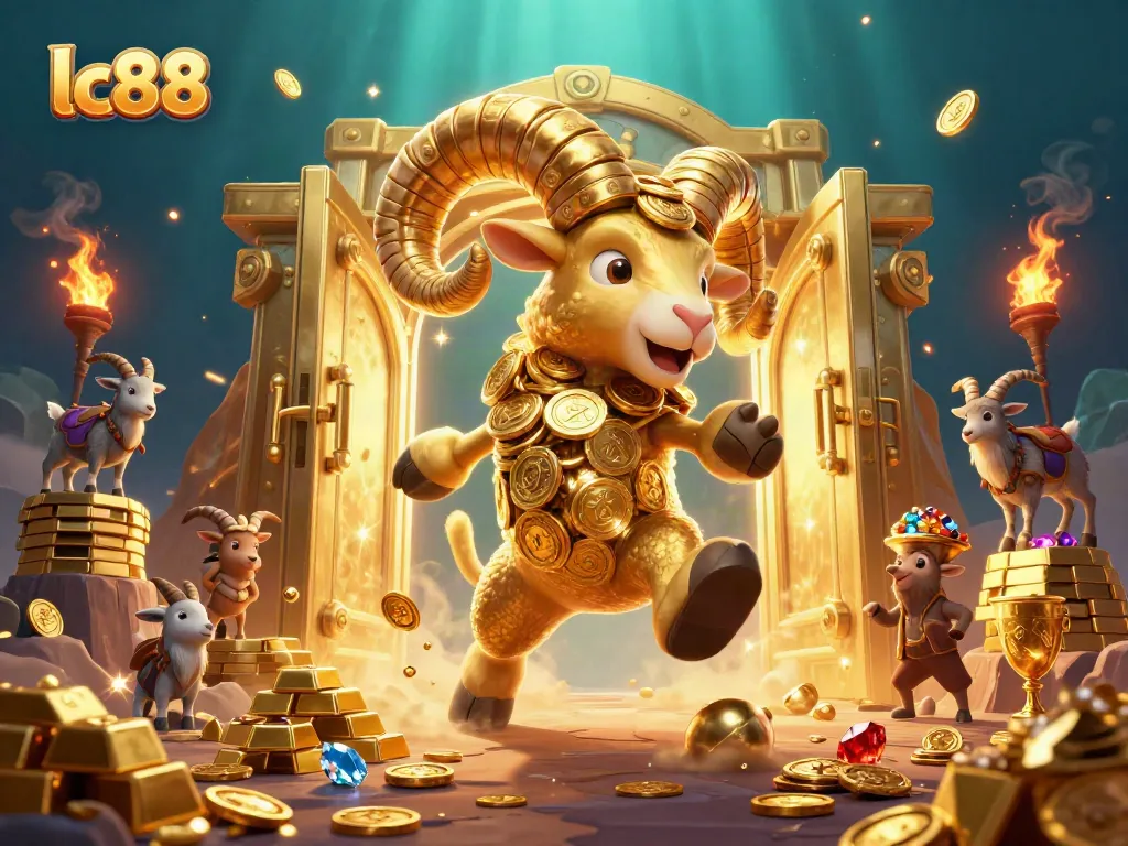 Experience lc88's vibrant world of online gaming with a massive golden ram charging through a treasure-filled scene.