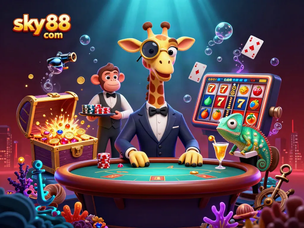 Engage in thrilling casino action at sky 88 com with a high-roller giraffe and monkey valet surrounded by dynamic slot elements.