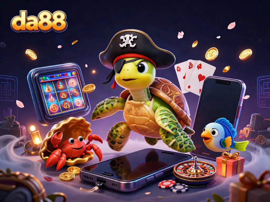 Experience thrilling gaming at da88 with a vibrant scene of a pirate turtle and friends amid casino treasures.
