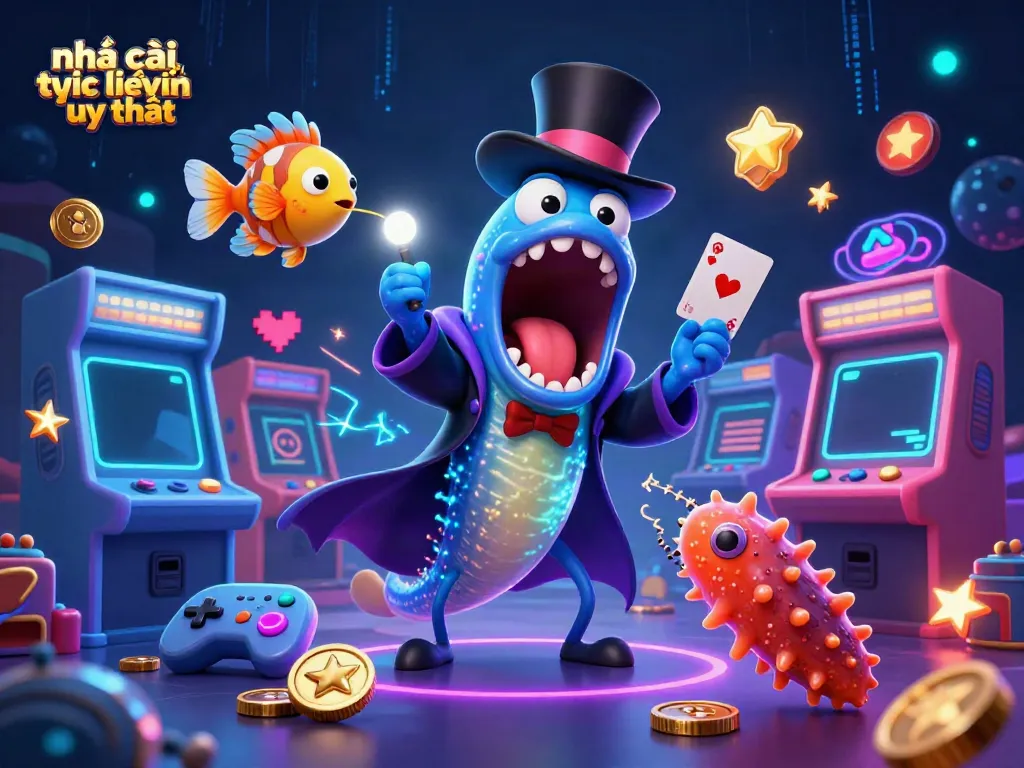 Capture the excitement of nhà cái trực tuyến uy tín with vibrant 3D characters in a whimsical casino scene.