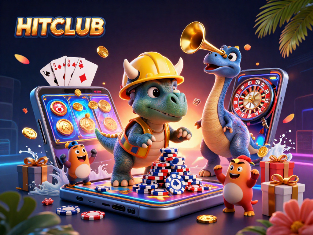 HITCLUB scene celebrating with a triceratops and gaming elements in a dynamic casino ambiance.
