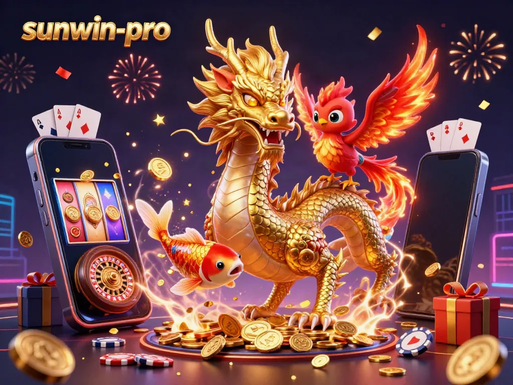 Experience the excitement of sunwin-pro with a vibrant 3D scene featuring a dragon, phoenix, and koi fish.